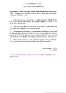 SSC Delhi Police, CAPF CPO SI Paper I Exam 2023 Answer Key Released