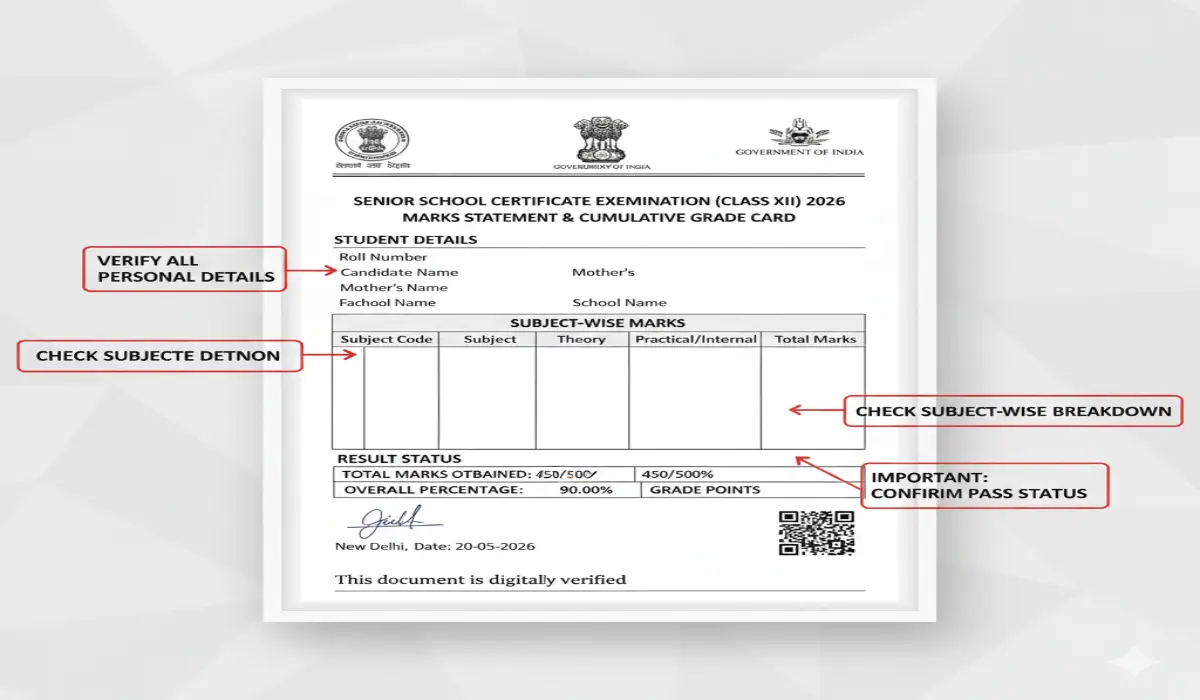 A labelled sample CBSE Class 10 and 12 marksheet showing each section